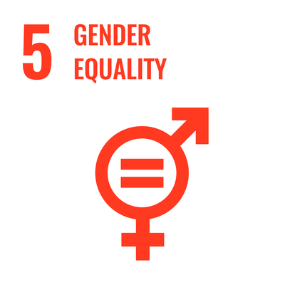 Red icon and text on a white background, representing Sustainable Development Goal 05: Gender Equality