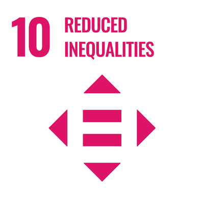 White icon and text on a Pink background, representing Sustainable Development Goal 10: Reduced Inequalities