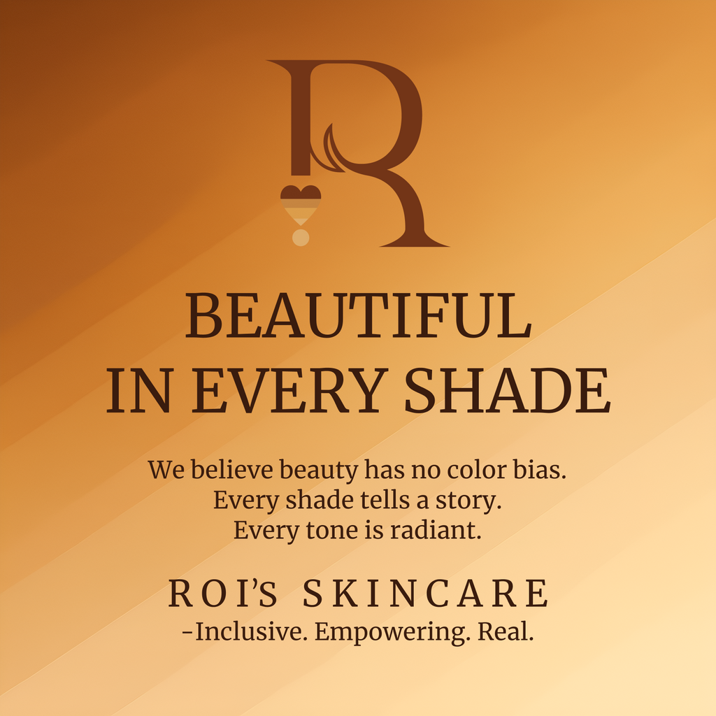 Advertisement for ROI Skincare with a quote about beauty being inclusive of all skin tones.