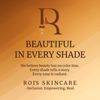 Advertisement for ROI Skincare with a quote about beauty being inclusive of all skin tones.