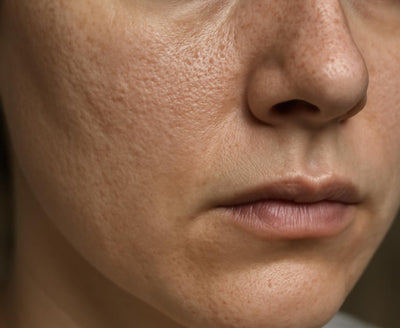 Close-up of face showing open pores and uneven skin texture
