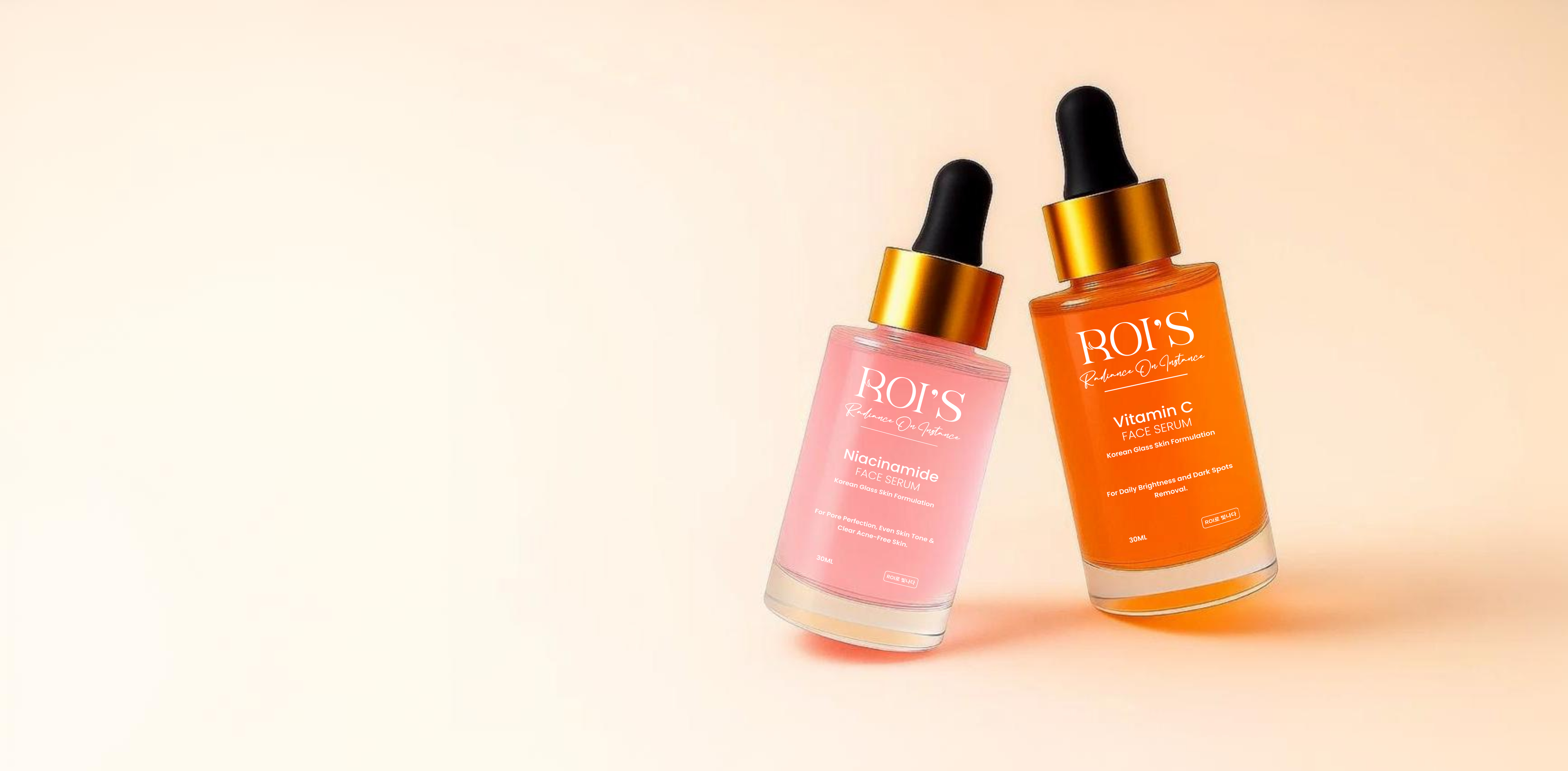 ROI’s skincare banner highlighting product label and clean, science-driven beauty message