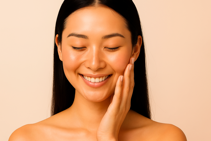 Woman smiling while applying skincare serum in soft natural light