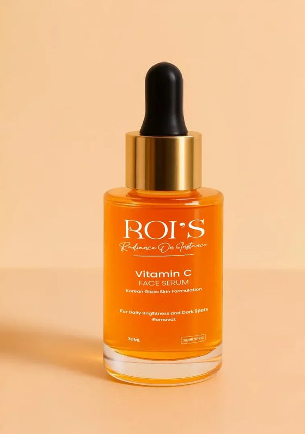 ROI’s Vitamin C serum bottle with brightening formula for dull and pigmented skin