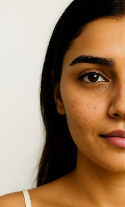 Close-up of uneven skin texture with visible pores and dullness