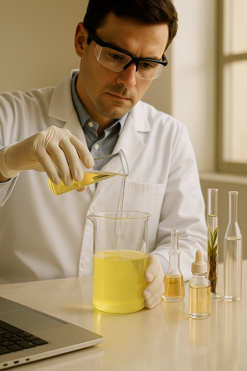 Vitamin C serum formulation showing active ingredients in a lab beaker
